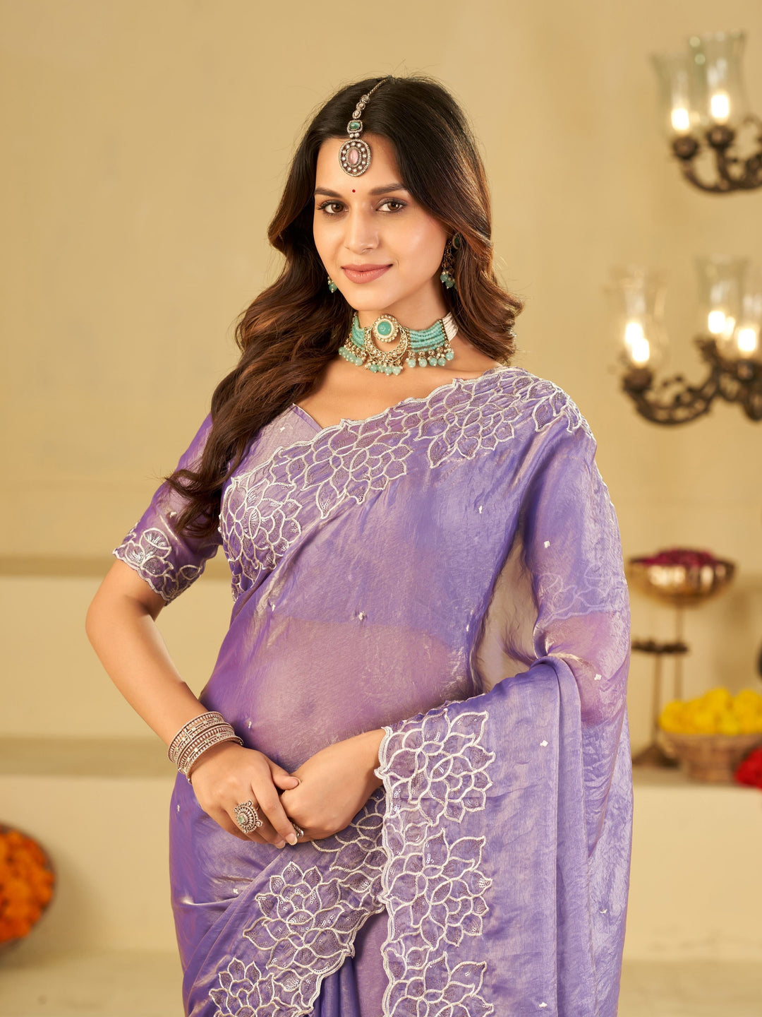 Lavender Fendy Satin Saree with White Floral Embroidery Border | Elegant Designer Party Wear Saree with Blouse