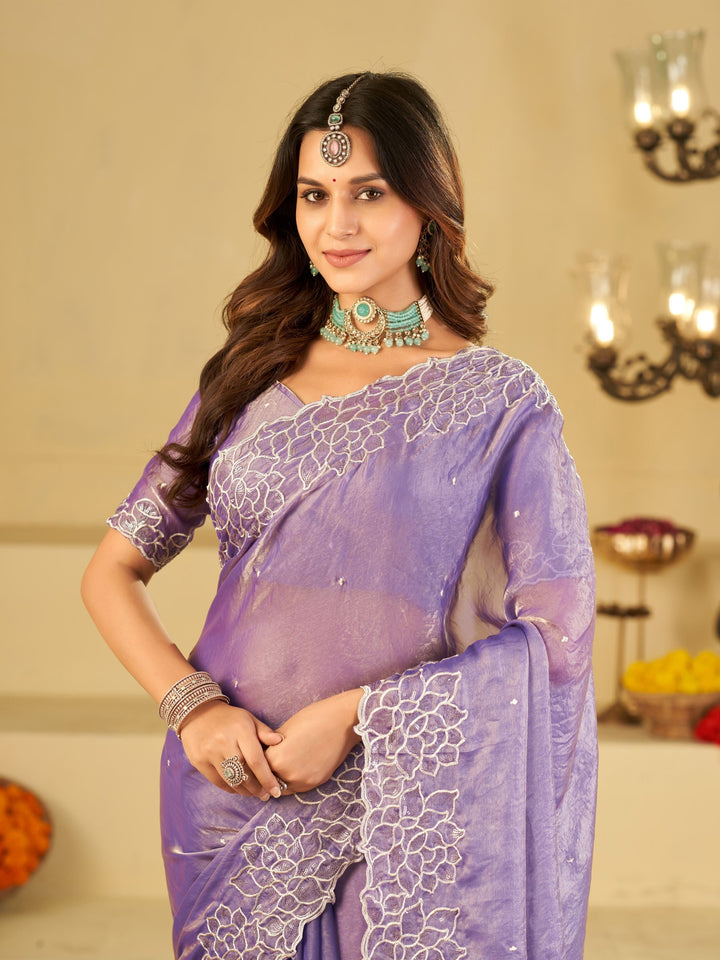 Lavender Fendy Satin Saree with White Floral Embroidery Border | Elegant Designer Party Wear Saree with Blouse