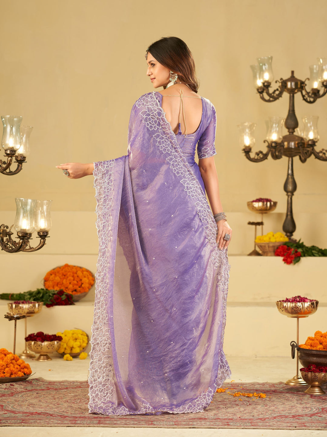 Lavender Fendy Satin Saree with White Floral Embroidery Border | Elegant Designer Party Wear Saree with Blouse