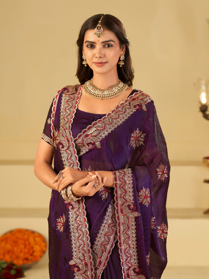 Royal Purple Designer Fendy Satin Saree with Floral Embroidery Work | Premium Wedding Party Wear Saree with Heavy Embroidered Border & Blouse