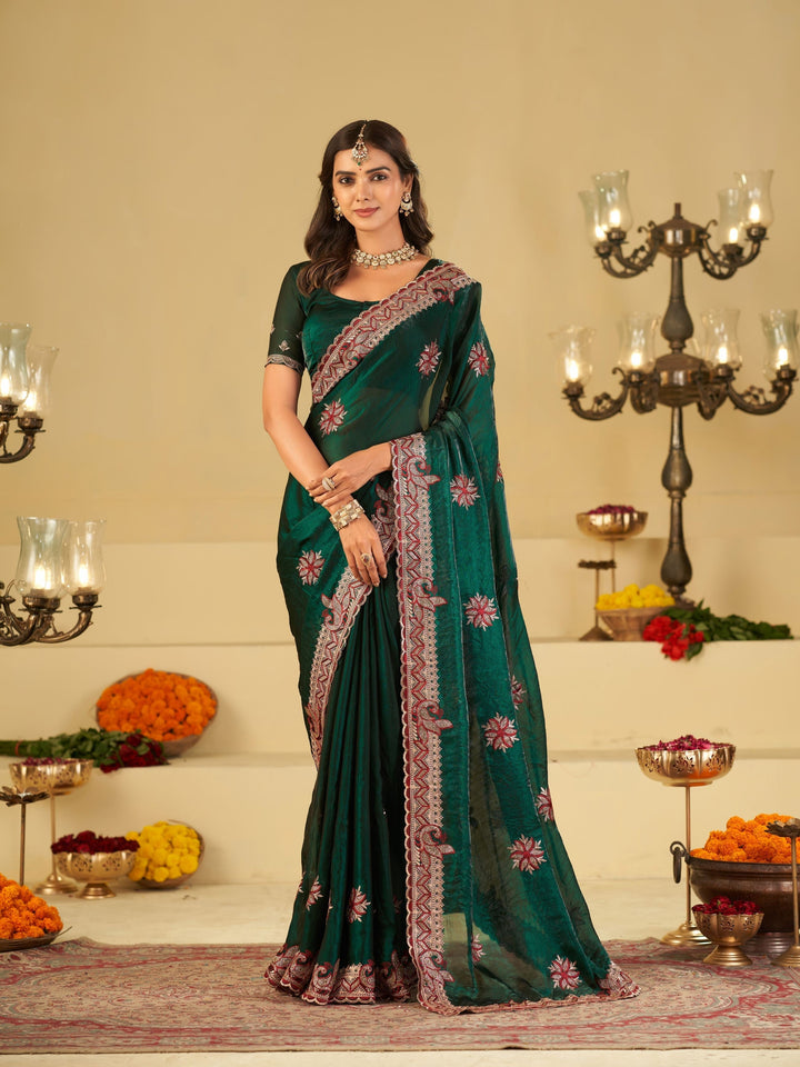 Emerald Green Designer Fendy Satin Saree with Heavy Floral Embroidery Work | Premium Wedding Party Wear Saree with Embroidered Border & Blouse