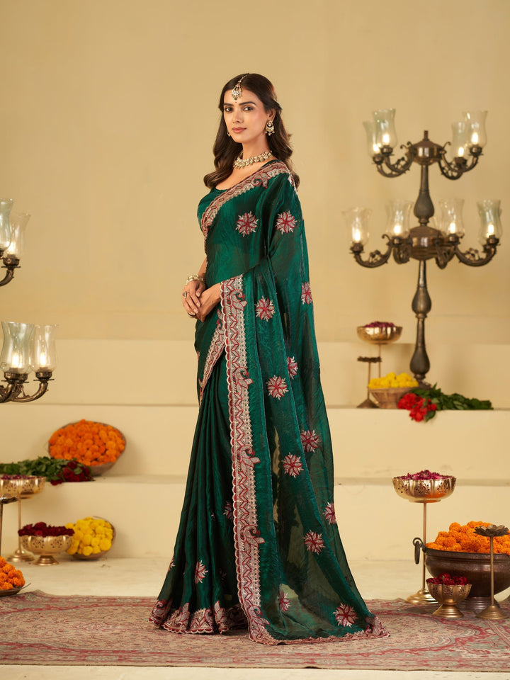 Emerald Green Designer Fendy Satin Saree with Heavy Floral Embroidery Work | Premium Wedding Party Wear Saree with Embroidered Border & Blouse
