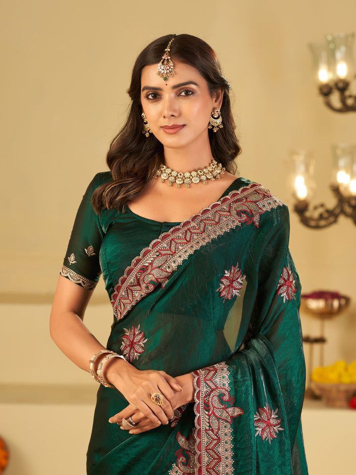 Emerald Green Designer Fendy Satin Saree with Heavy Floral Embroidery Work | Premium Wedding Party Wear Saree with Embroidered Border & Blouse