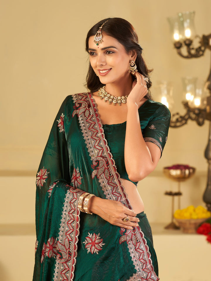 Emerald Green Designer Fendy Satin Saree with Heavy Floral Embroidery Work | Premium Wedding Party Wear Saree with Embroidered Border & Blouse