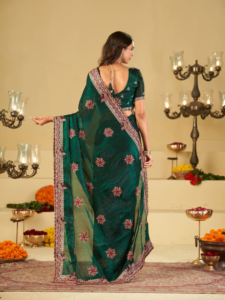 Emerald Green Designer Fendy Satin Saree with Heavy Floral Embroidery Work | Premium Wedding Party Wear Saree with Embroidered Border & Blouse