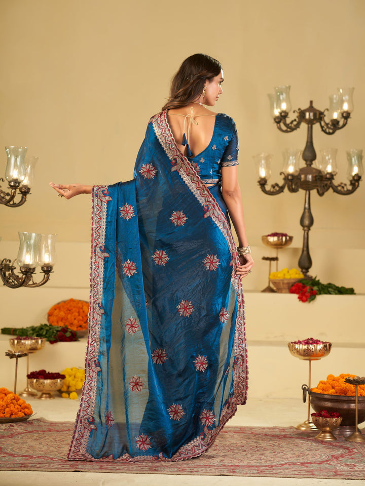 Royal Blue Designer Fendy Satin Saree with Floral Embroidery Work | Premium Party Wear Saree with Heavy Embroidered Border & Blouse