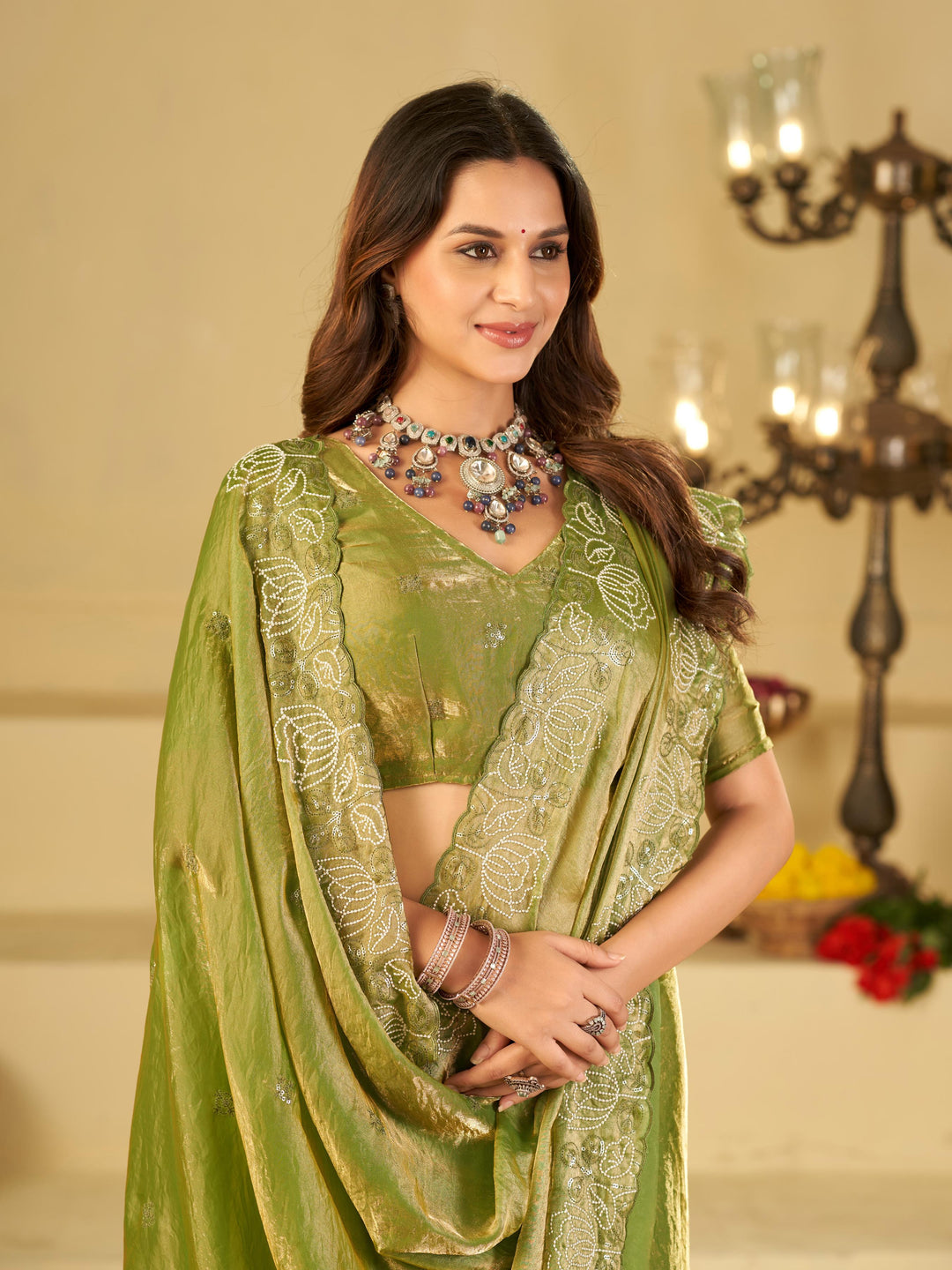 Pista Green Fendy Satin Saree with White Floral Embroidery Border | Elegant Designer Party Wear Saree with Blouse