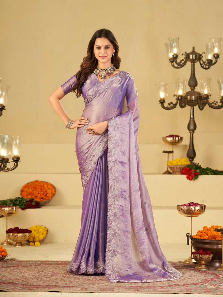 Lavender Purple Fendy Satin Saree with White Floral Embroidery Border | Elegant Designer Party Wear Saree with Blouse