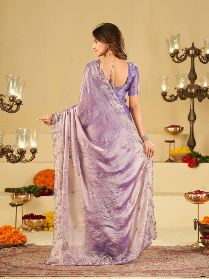 Lavender Purple Fendy Satin Saree with White Floral Embroidery Border | Elegant Designer Party Wear Saree with Blouse
