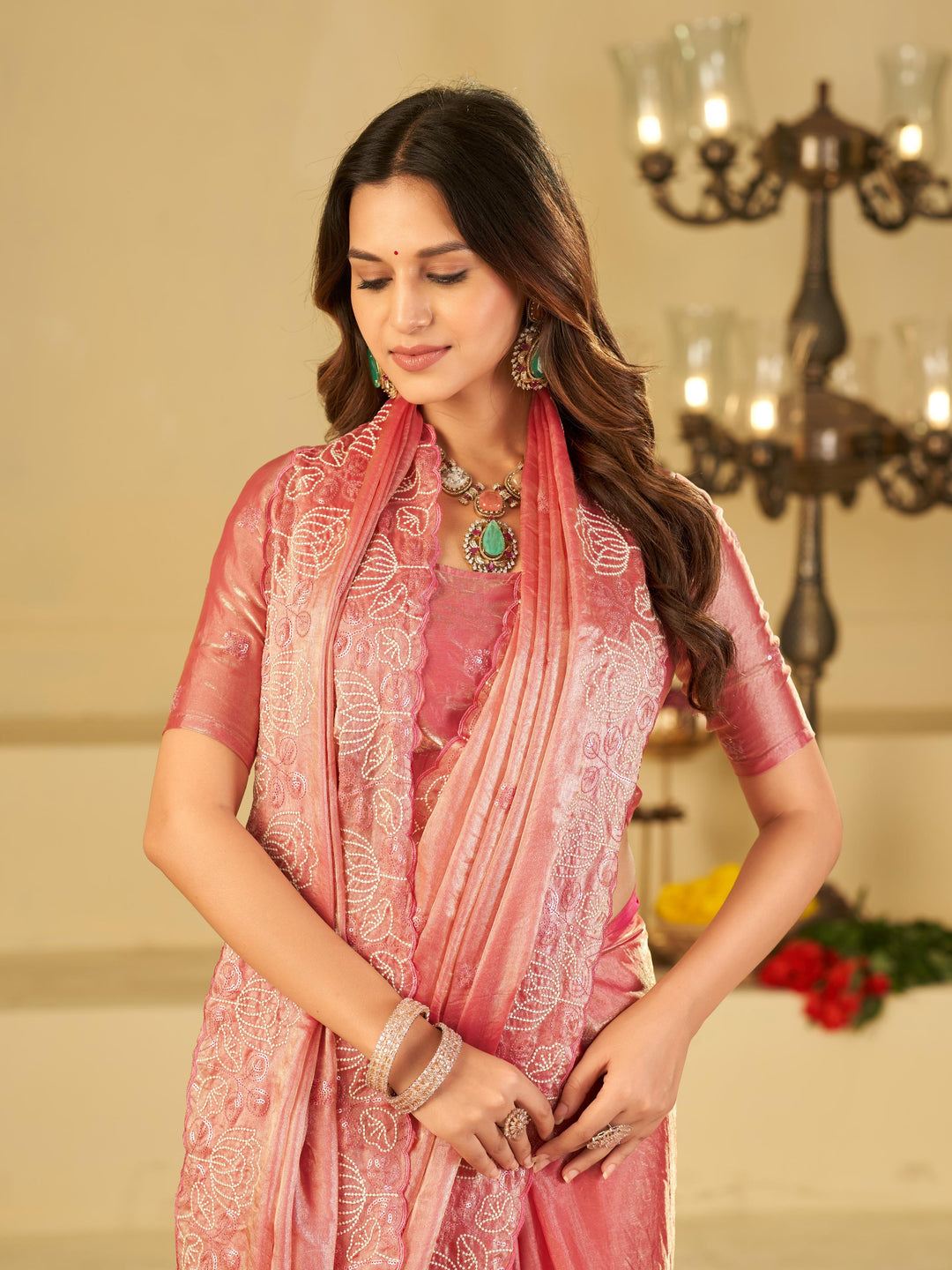 Baby Pink Fendy Satin Saree with White Floral Embroidery Border | Elegant Designer Party Wear Saree with Blouse