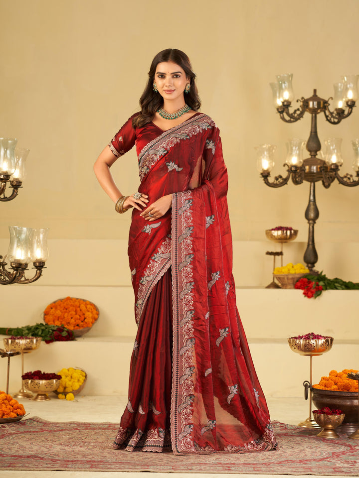 Maroon Designer Fendy Satin Saree with Heavy Embroidered Border | Premium Wedding Party Wear Saree with Intricate Embroidery & Matching Blouse