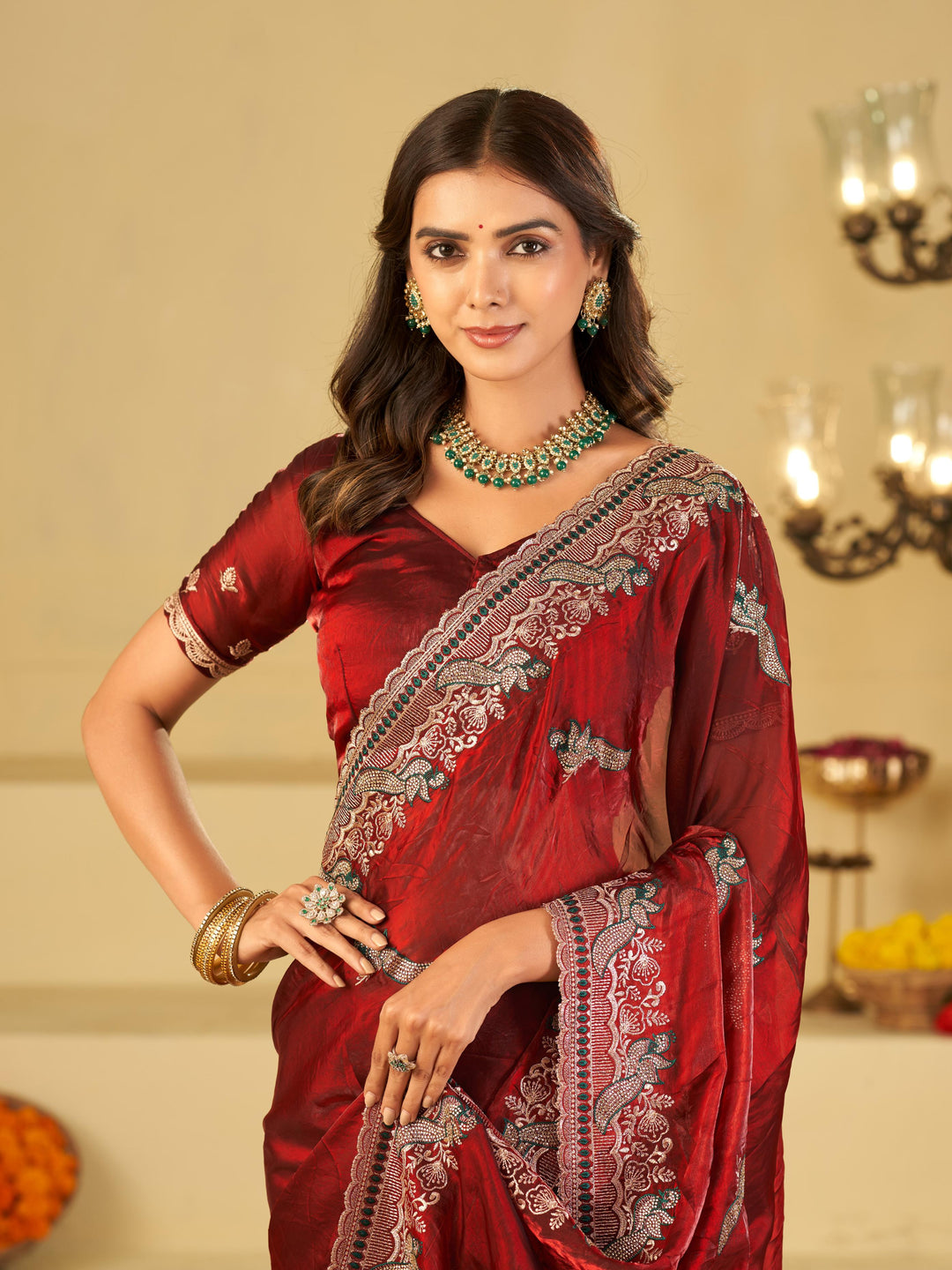 Maroon Designer Fendy Satin Saree with Heavy Embroidered Border | Premium Wedding Party Wear Saree with Intricate Embroidery & Matching Blouse