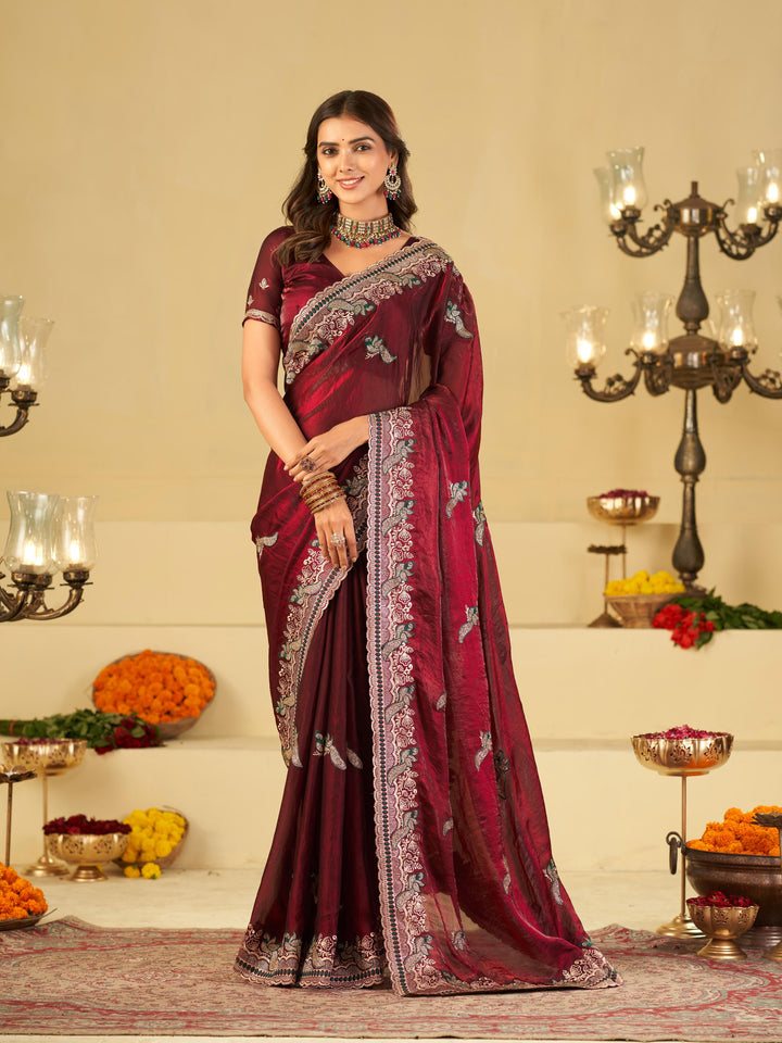 Wine Maroon Designer Fendy Satin Saree with Heavy Embroidered Border | Premium Festive Party Wear Saree with Elegant Embroidery & Matching Blouse