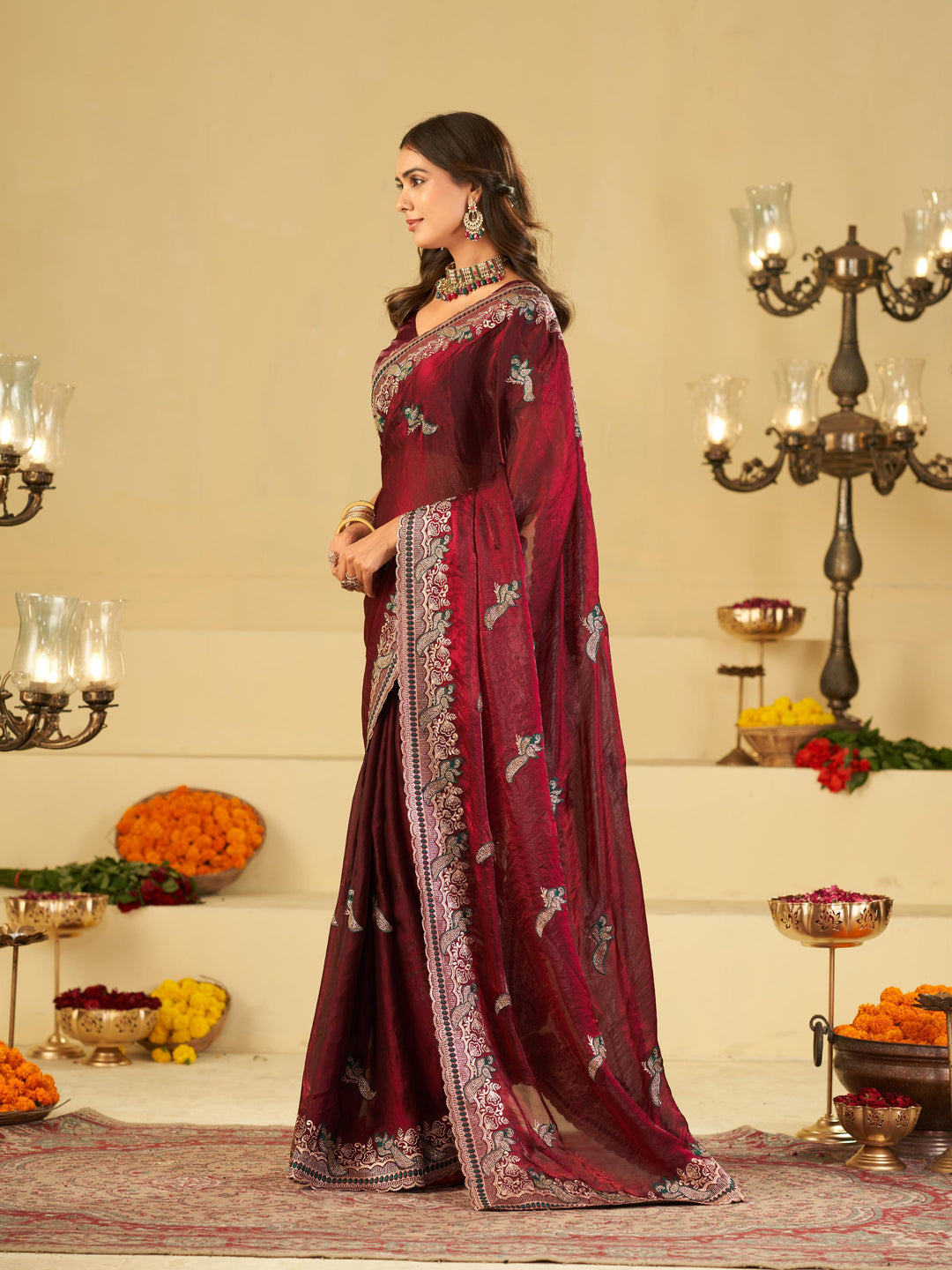 Wine Maroon Designer Fendy Satin Saree with Heavy Embroidered Border | Premium Festive Party Wear Saree with Elegant Embroidery & Matching Blouse