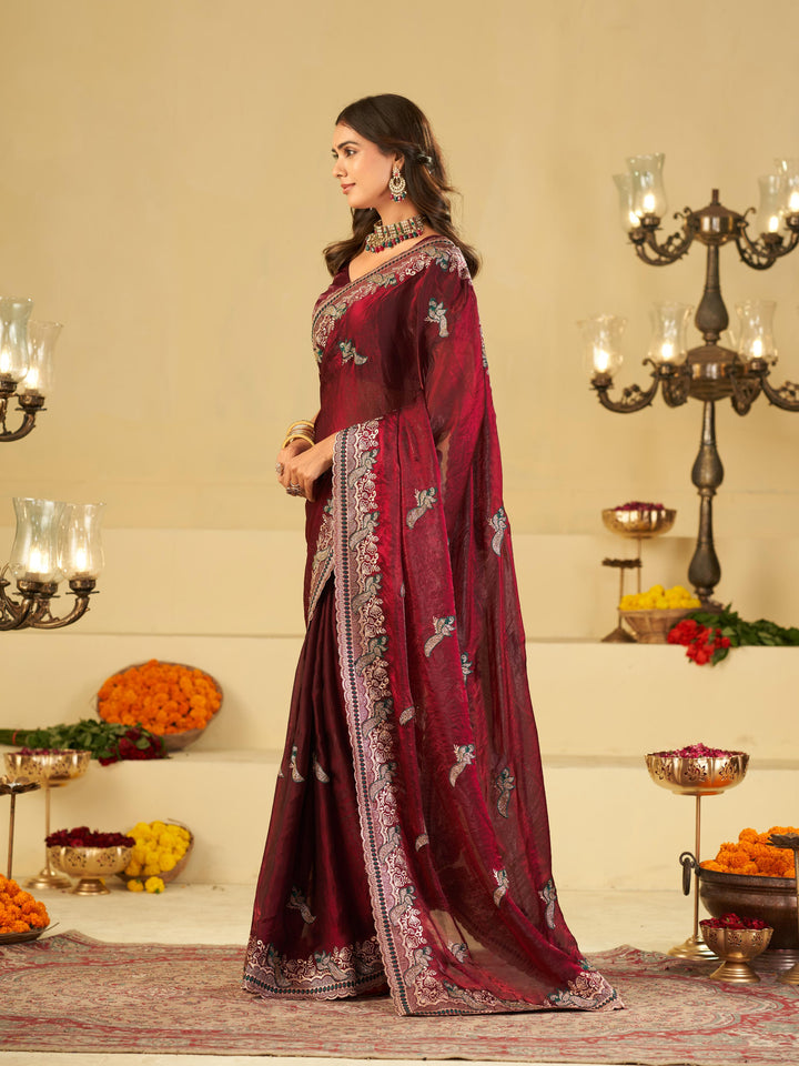 Wine Maroon Designer Fendy Satin Saree with Heavy Embroidered Border | Premium Festive Party Wear Saree with Elegant Embroidery & Matching Blouse
