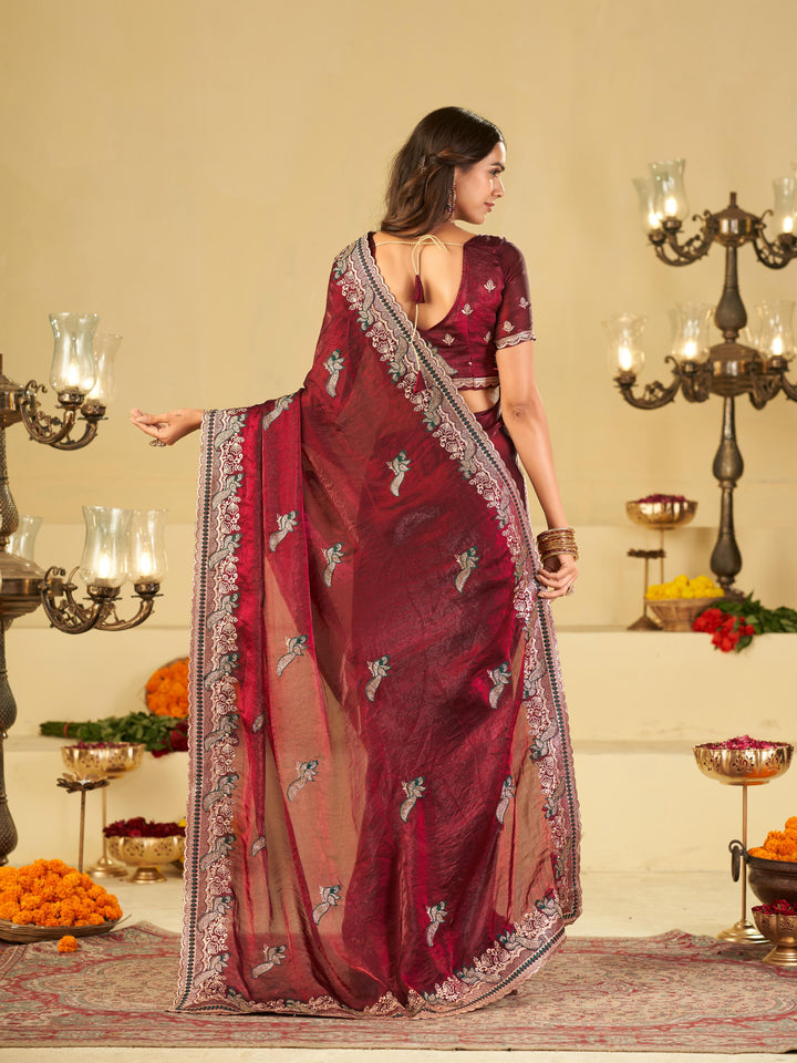 Wine Maroon Designer Fendy Satin Saree with Heavy Embroidered Border | Premium Festive Party Wear Saree with Elegant Embroidery & Matching Blouse
