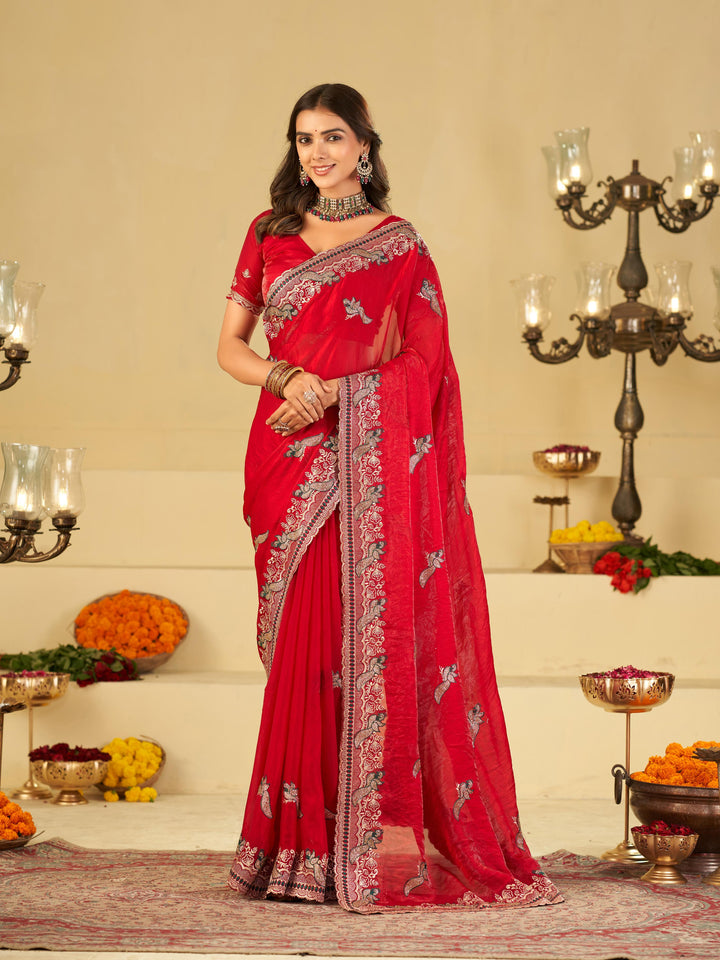 Bright Red Designer Fendy Satin Saree with Heavy Embroidered Border | Premium Festive Party Wear Saree with Intricate Embroidery & Matching Blouse
