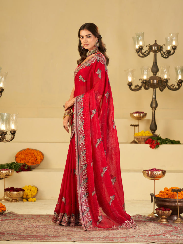 Bright Red Designer Fendy Satin Saree with Heavy Embroidered Border | Premium Festive Party Wear Saree with Intricate Embroidery & Matching Blouse