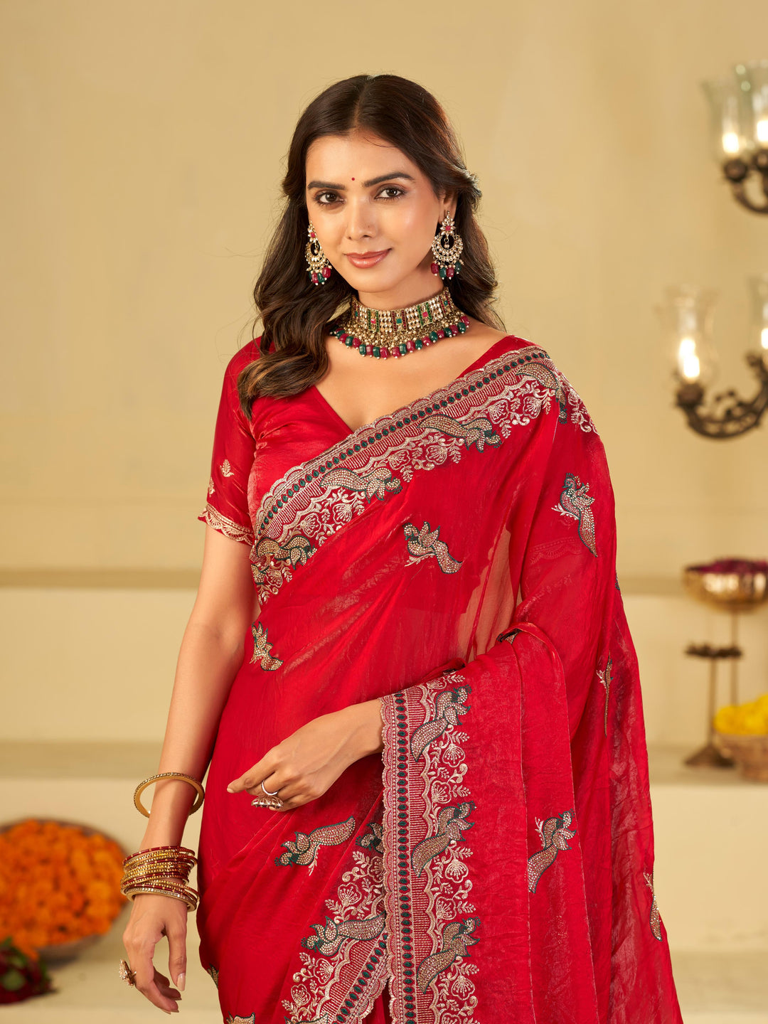 Bright Red Designer Fendy Satin Saree with Heavy Embroidered Border | Premium Festive Party Wear Saree with Intricate Embroidery & Matching Blouse