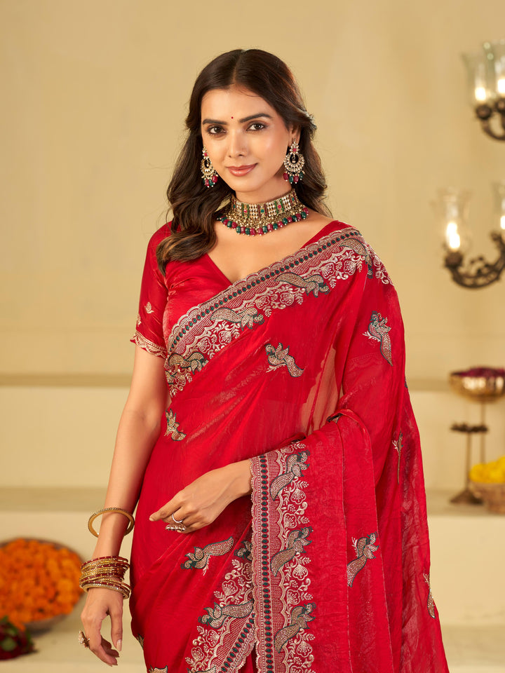 Bright Red Designer Fendy Satin Saree with Heavy Embroidered Border | Premium Festive Party Wear Saree with Intricate Embroidery & Matching Blouse