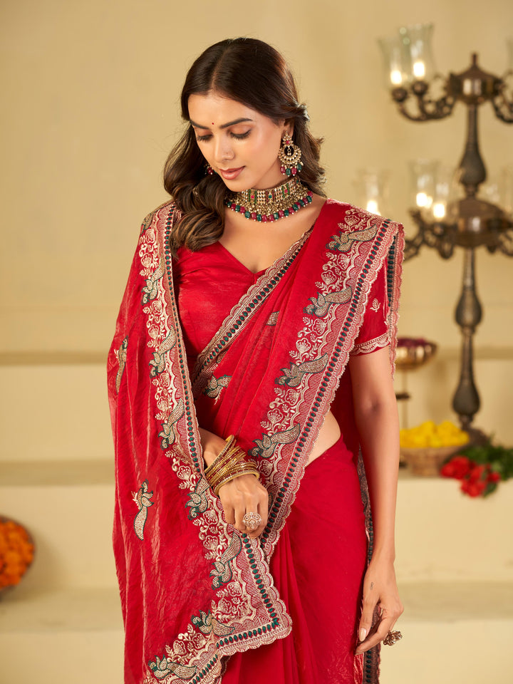 Bright Red Designer Fendy Satin Saree with Heavy Embroidered Border | Premium Festive Party Wear Saree with Intricate Embroidery & Matching Blouse