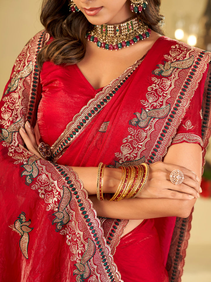 Bright Red Designer Fendy Satin Saree with Heavy Embroidered Border | Premium Festive Party Wear Saree with Intricate Embroidery & Matching Blouse