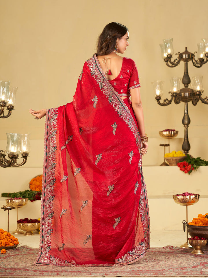 Bright Red Designer Fendy Satin Saree with Heavy Embroidered Border | Premium Festive Party Wear Saree with Intricate Embroidery & Matching Blouse