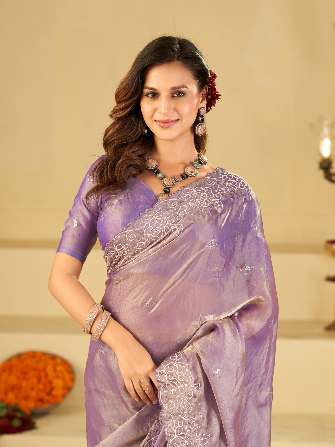 Lavender Fendy Satin Saree with White Floral Embroidery Border | Elegant Designer Party Wear Saree with Blouse