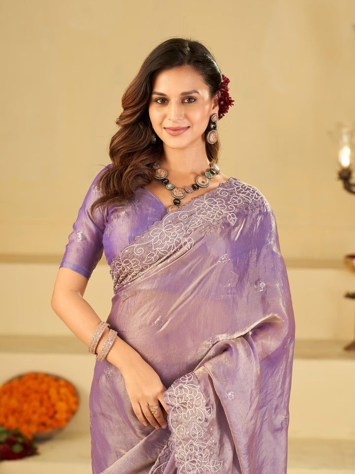 Lavender Fendy Satin Saree with White Floral Embroidery Border | Elegant Designer Party Wear Saree with Blouse