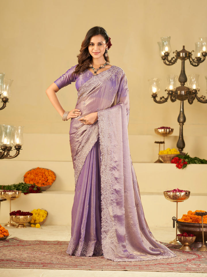 Lavender Fendy Satin Saree with White Floral Embroidery Border | Elegant Designer Party Wear Saree with Blouse