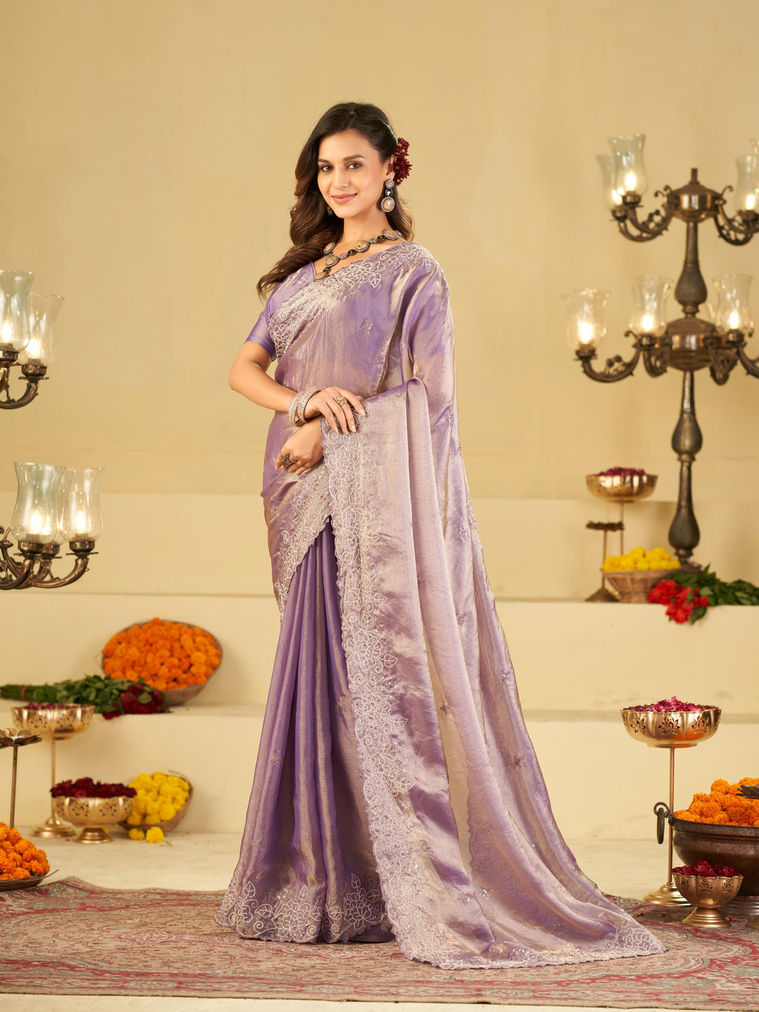 Lavender Fendy Satin Saree with White Floral Embroidery Border | Elegant Designer Party Wear Saree with Blouse