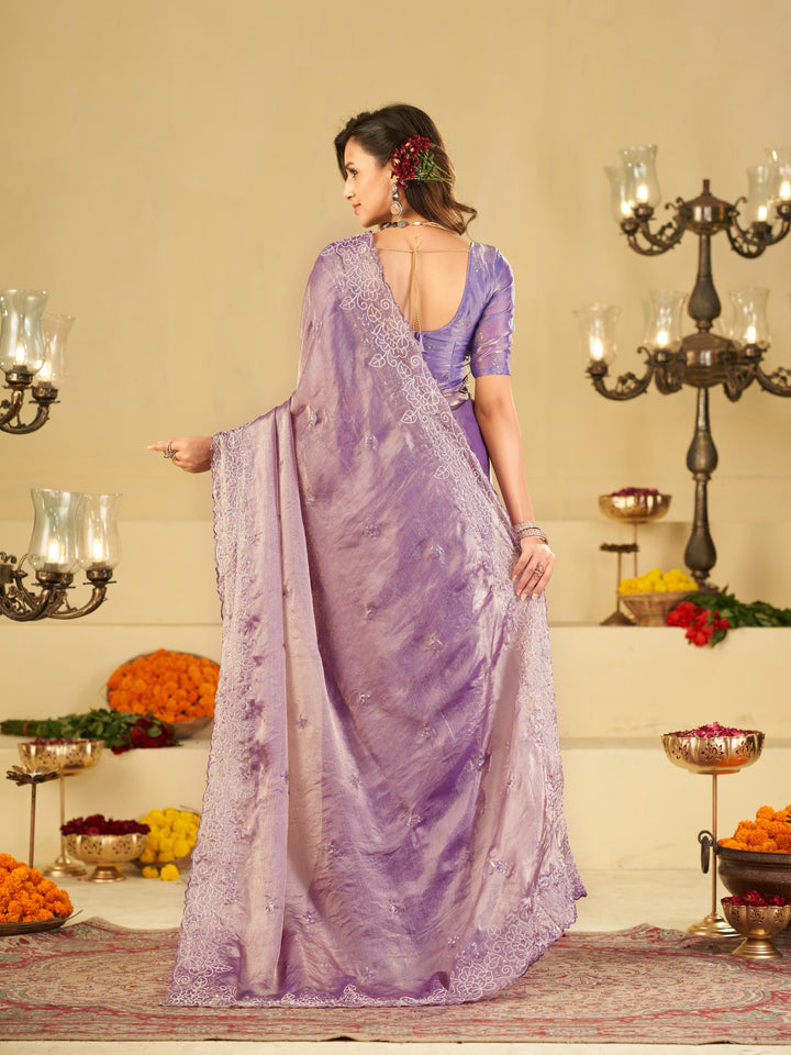 Lavender Fendy Satin Saree with White Floral Embroidery Border | Elegant Designer Party Wear Saree with Blouse