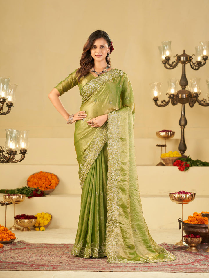 Pista Green Fendy Satin Saree with White Floral Embroidery Border | Elegant Designer Party Wear Saree with Blouse