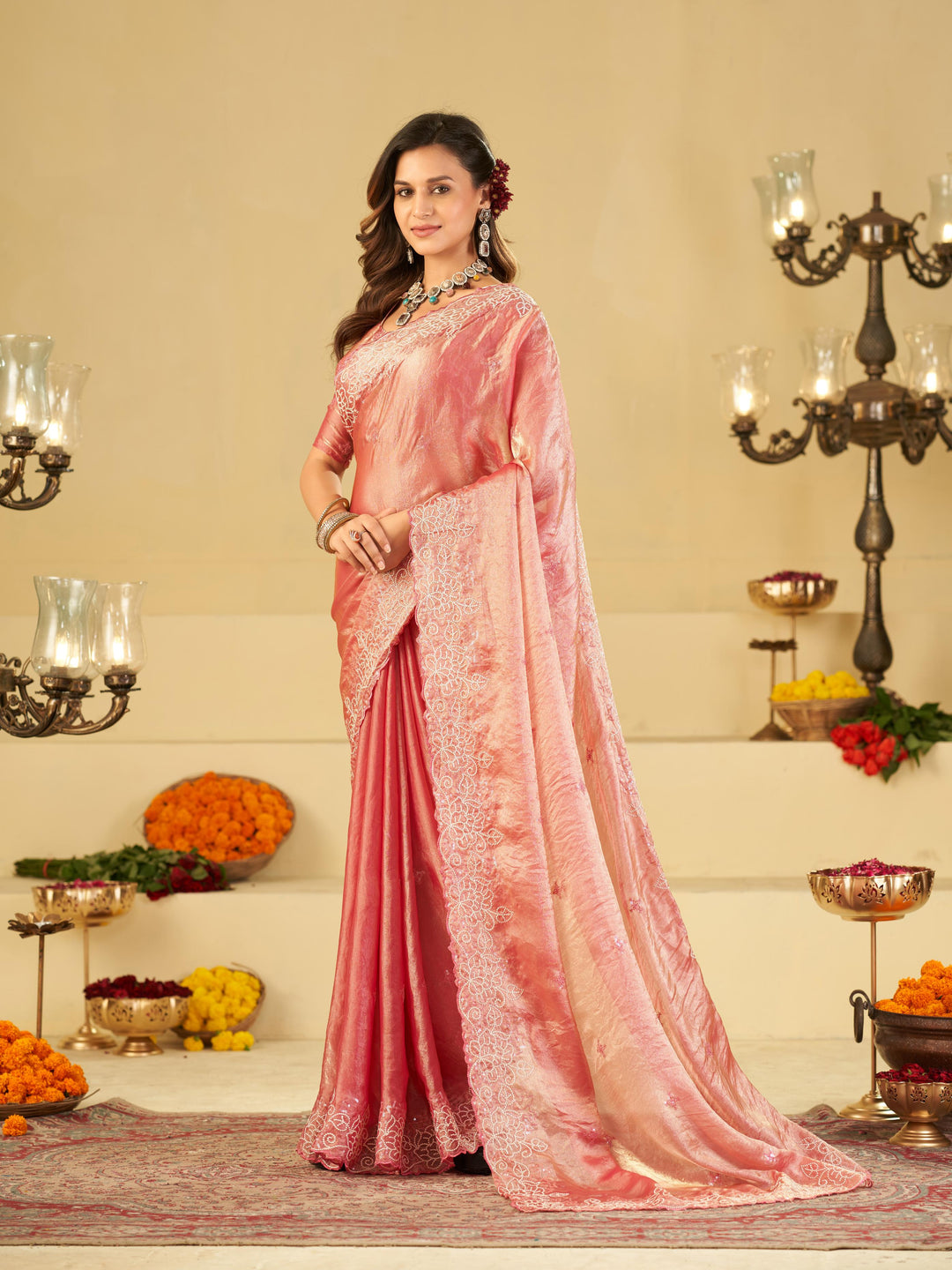 Baby Pink Fendy Satin Saree with White Floral Embroidery Border | Elegant Designer Party Wear Saree with Blouse