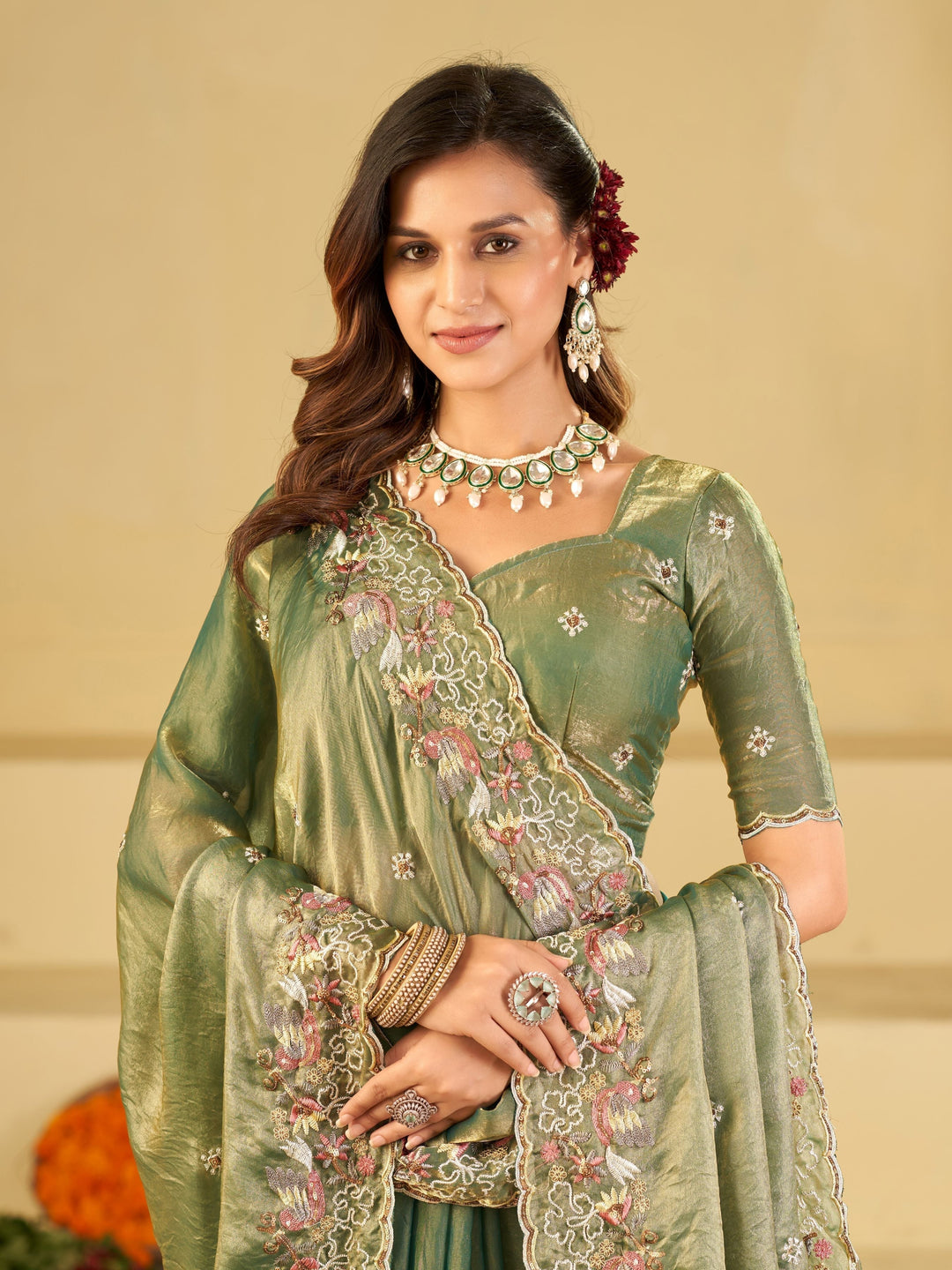 Sage Green Fendy Satin Saree with Multicolor Floral Embroidery Border | Elegant Designer Party Wear Saree with Blouse