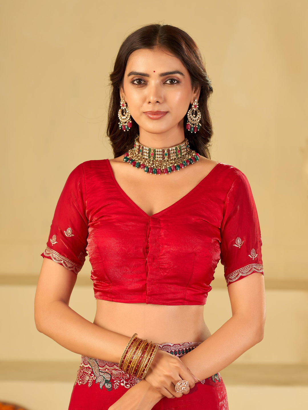 Bright Red Designer Fendy Satin Saree with Heavy Embroidered Border | Premium Festive Party Wear Saree with Intricate Embroidery & Matching Blouse