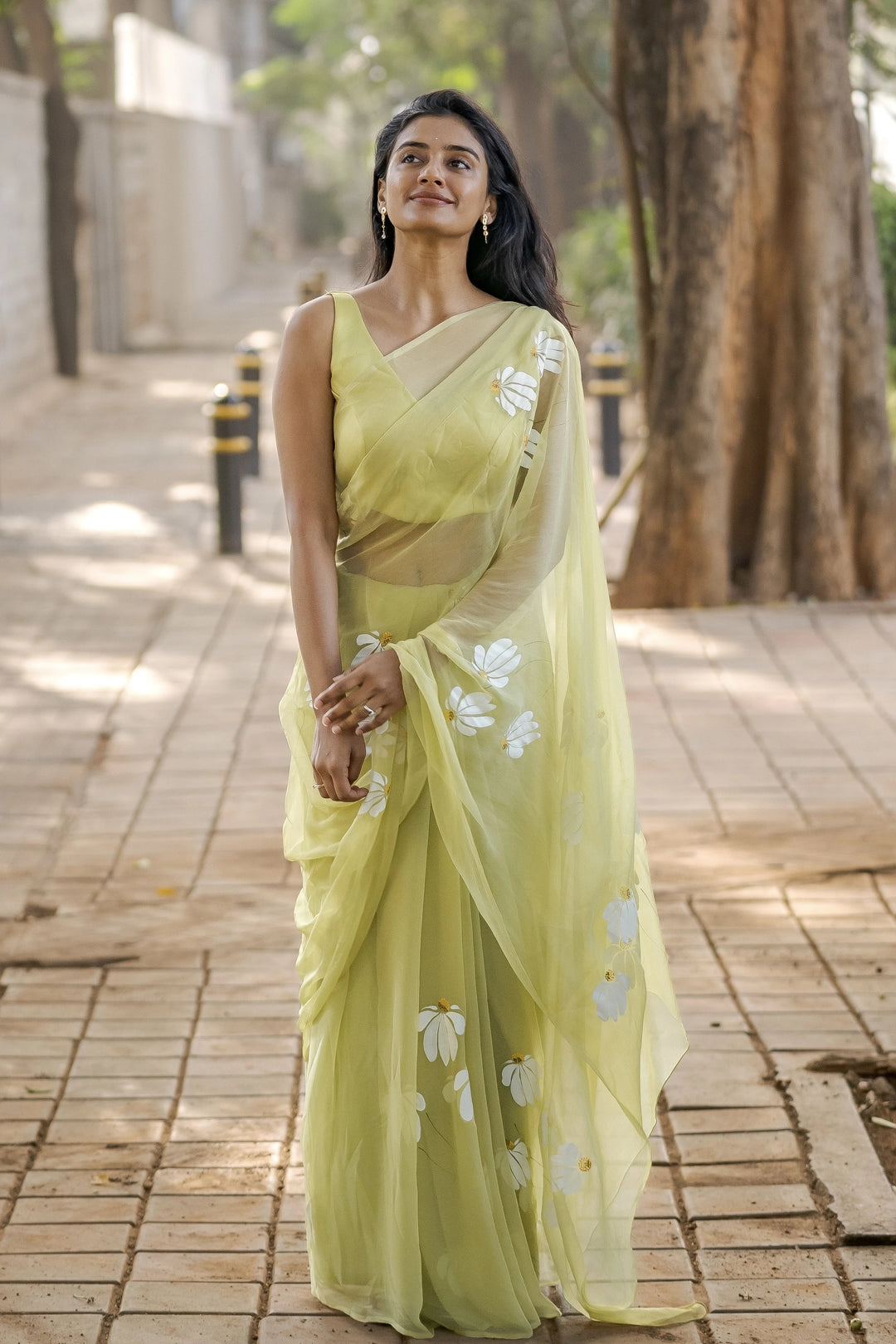 Lemon Yellow Hand-Painted Pure Georgette Saree with White Floral Motifs & Sequin Detailing | Modal Satin Blouse