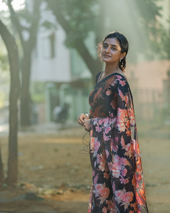 Midnight Bloom Black Georgette Saree with Vintage Rose Floral Print & Matching Blouse Fabric