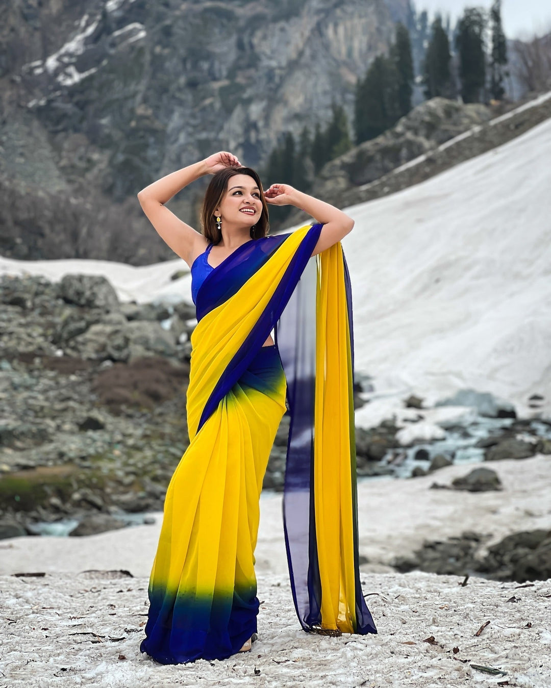 Dual-Tone Yellow Blue Georgette Printed Saree for Daily & Festive Look