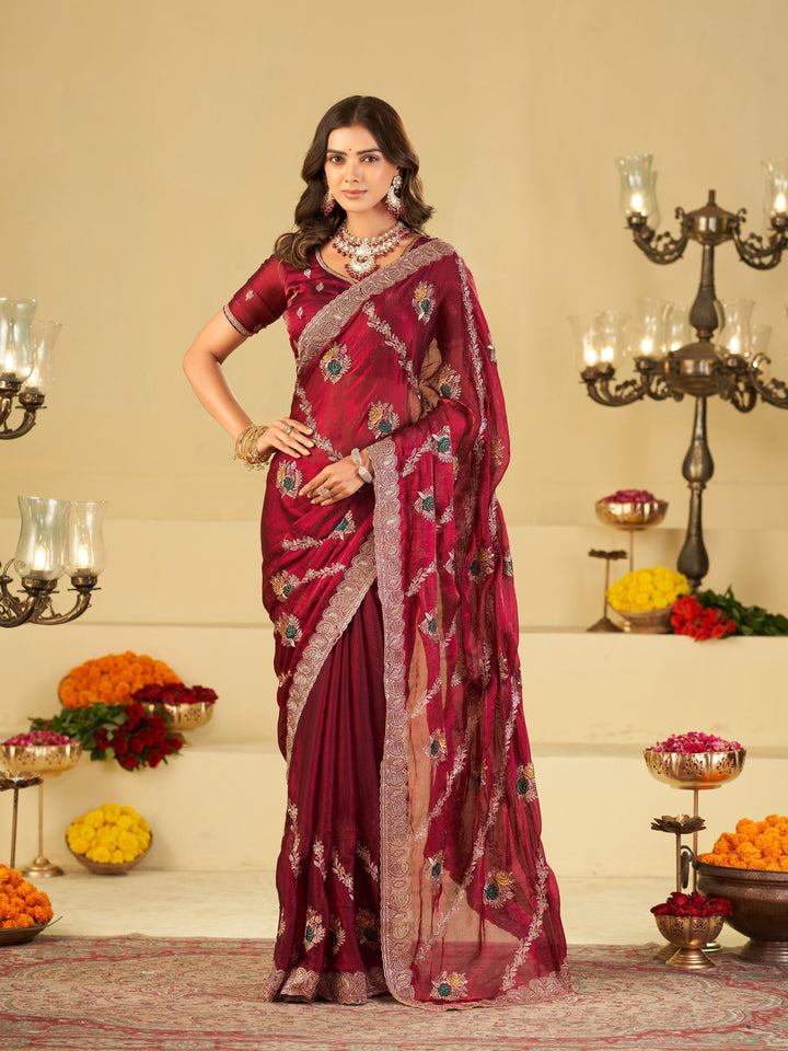 Wine Maroon Designer Fendy Satin Saree with Floral Embroidery Work | Premium Festive & Wedding Wear Embroidered Saree with Blouse