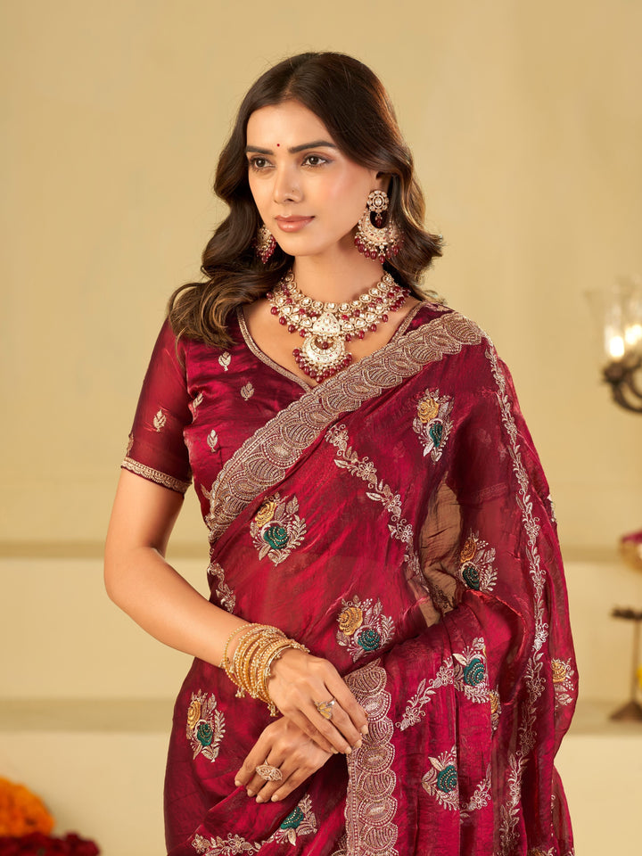 Wine Maroon Designer Fendy Satin Saree with Floral Embroidery Work | Premium Festive & Wedding Wear Embroidered Saree with Blouse