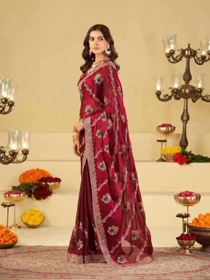 Wine Maroon Designer Fendy Satin Saree with Floral Embroidery Work | Premium Festive & Wedding Wear Embroidered Saree with Blouse