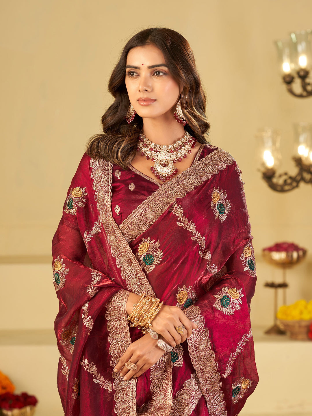 Wine Maroon Designer Fendy Satin Saree with Floral Embroidery Work | Premium Festive & Wedding Wear Embroidered Saree with Blouse