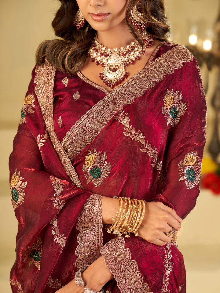Wine Maroon Designer Fendy Satin Saree with Floral Embroidery Work | Premium Festive & Wedding Wear Embroidered Saree with Blouse