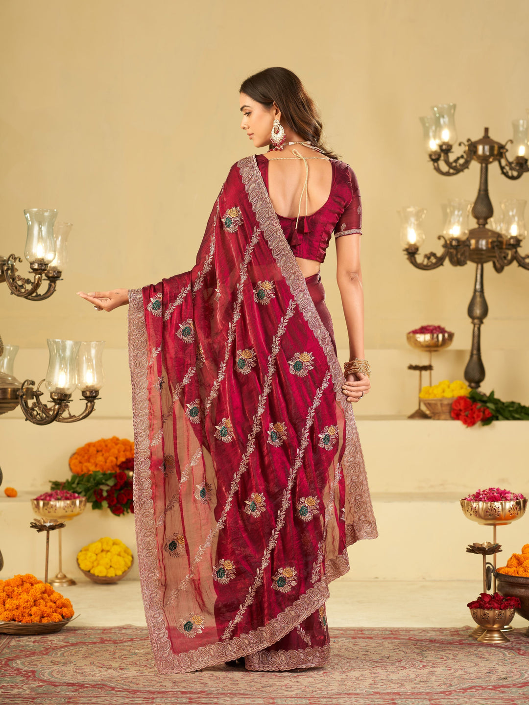 Wine Maroon Designer Fendy Satin Saree with Floral Embroidery Work | Premium Festive & Wedding Wear Embroidered Saree with Blouse