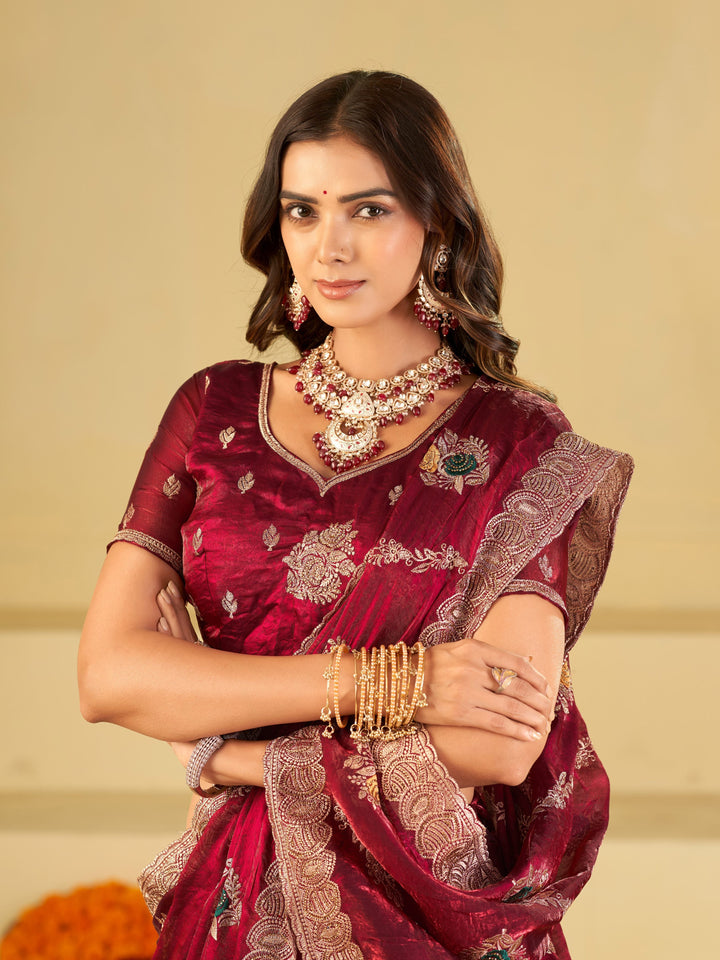 Wine Maroon Designer Fendy Satin Saree with Floral Embroidery Work | Premium Festive & Wedding Wear Embroidered Saree with Blouse