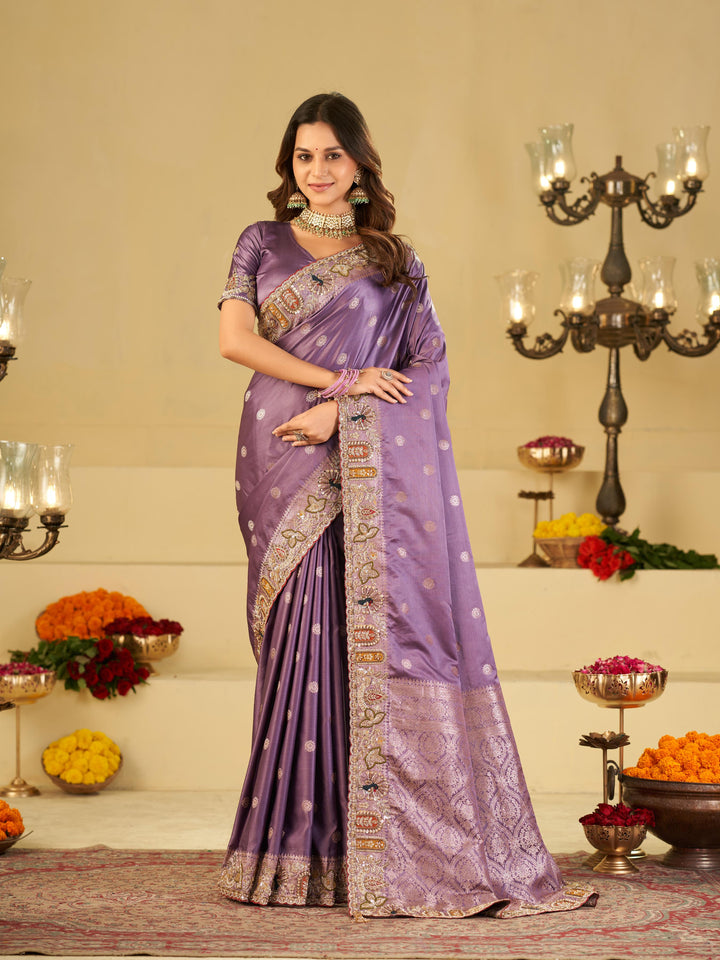 Lavender Purple Banarasi Silk Saree with Floral Embroidered Border & Rich Zari Woven Pallu | Designer Wedding Festive Saree