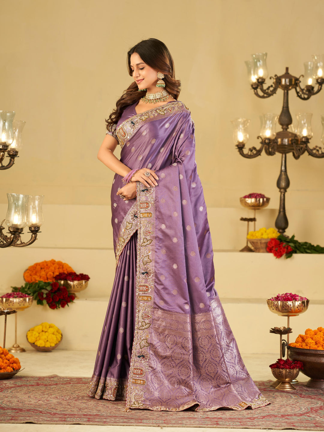 Lavender Purple Banarasi Silk Saree with Floral Embroidered Border & Rich Zari Woven Pallu | Designer Wedding Festive Saree