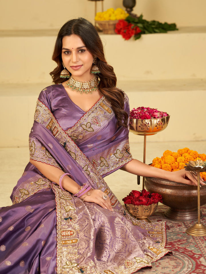 Lavender Purple Banarasi Silk Saree with Floral Embroidered Border & Rich Zari Woven Pallu | Designer Wedding Festive Saree