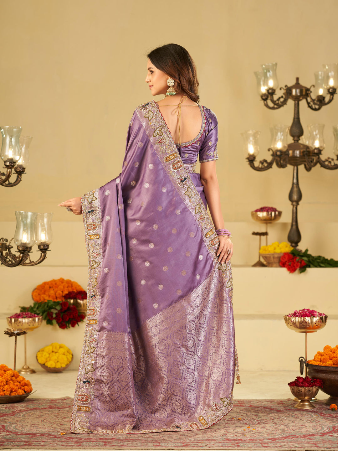 Lavender Purple Banarasi Silk Saree with Floral Embroidered Border & Rich Zari Woven Pallu | Designer Wedding Festive Saree